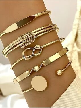 Gold Plated 14K Layered Knot and Disc Bracelet Set - Women Jewelry 5 Set